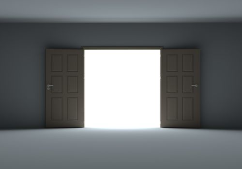 Doors opening to show bright light in the darkness. 3d illustration