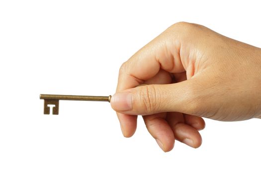 Hand and key isolated on white background, clipping path.