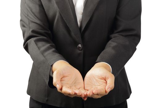 Businessman's hands to showing something isolated on white background with clipping path, concept advertisement product.