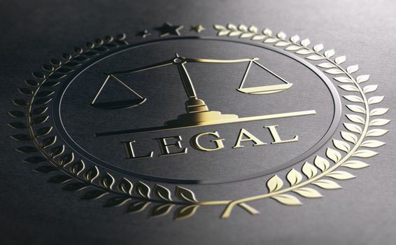 Legal symbol with scales of justice, golden sign embossed on black paper background. 3D Illustration