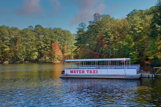 A water taxi by the shore in a tranquil lake