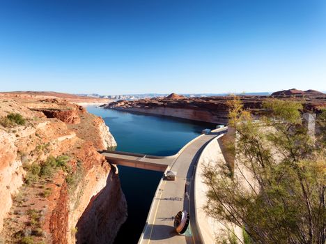 Glen Canyon Dam producing clean electricity with hydropower on Colorado River 