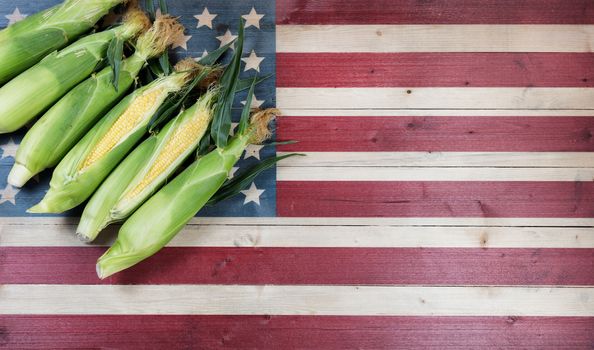 Fresh sweet corn with rustic wooden flag of United States of America