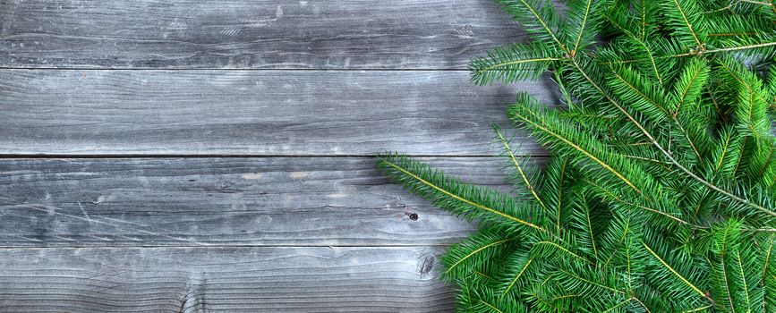 Christmas branches on weathered wood with copy space available 