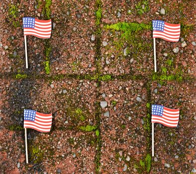 Red grunge brick stone with United States flags for border wall concept