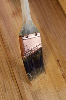 Closeup vertical view of a painting brush applying natural cedar stain to wood