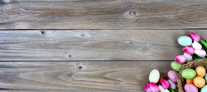 Nest filled with colorful eggs and pink tulips in lower right corner on weathered wooden boards for Easter background  