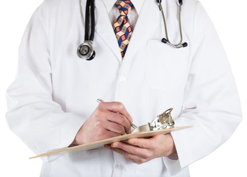 Close up front view of doctor holding clip board and pen.