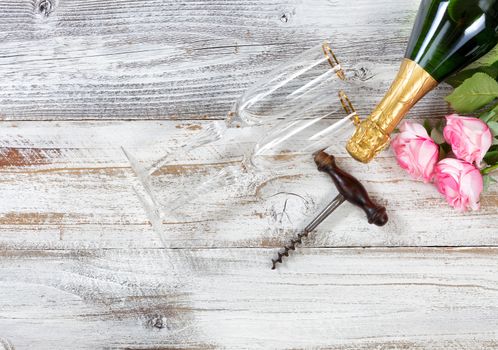 Valentines Day romantic setting on rustic white wood with copy space. Flat lay view. 