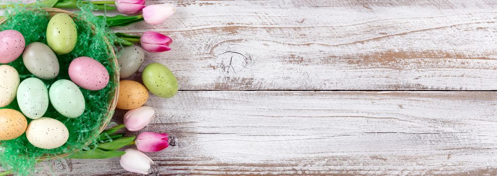 colorful spotted eggs on artificial green grass in basket with tulips for Easter Background 