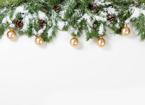 Christmas snowy tree branches and gold ornaments on white background