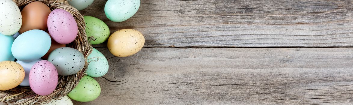 colorful eggs in nest on rustic wooden boards for Easter Background 
