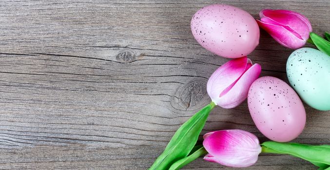 colorful eggs and pink tulips on weathered wooden boards for Easter background  