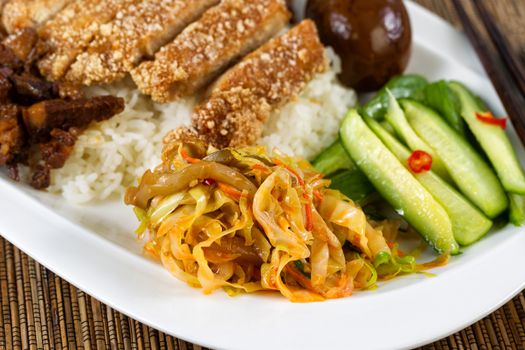 Close up view of fried bread coated pork with rice, egg and vegetables.  Selective focus on front part of plate with cabbage slices.   