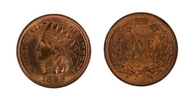 High quality American Indian Head cents, front and back, isolated on white background. Issued by United States mint. 