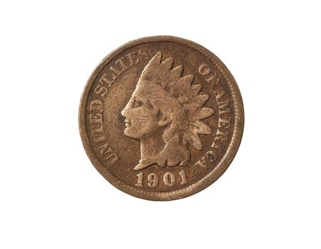 Old American One Cent Coin (Indian Head) on White Background 