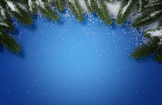 Merry Christmas holiday top circle snowy fir branch border on blue background for the seasonal tradition   