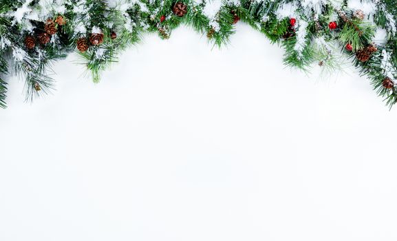 Snow covered Christmas tree evergreen branches placed on top of a white background  