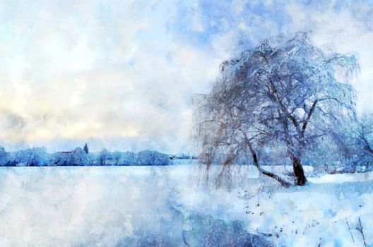 Winter landscape with a lake and a tree in frost. Stylization in watercolor drawing