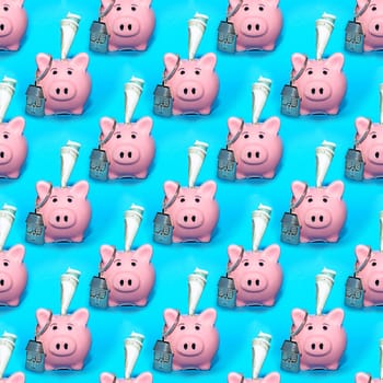 Seamless abstract business background with pink money piggy banks on a blue background