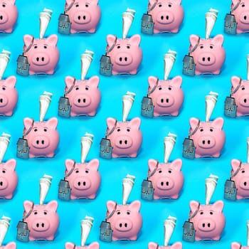 Seamless abstract business background with pink money piggy banks on a blue background
