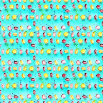 Abstract seamless pattern with flying colored macaroons, holiday concept