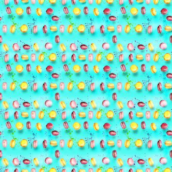 Abstract seamless pattern with flying colored macaroons, holiday concept