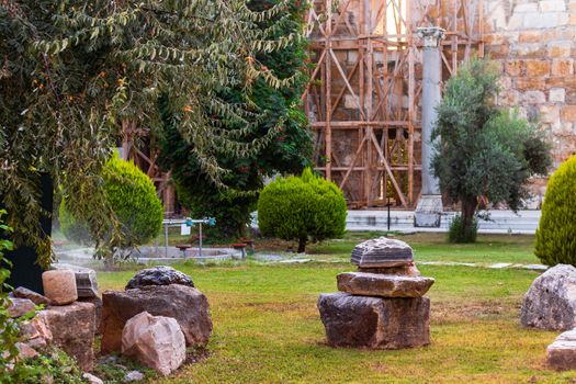 a wide shoot from a garden of church at ephesus - there many trees and green at photo. photo has taken at izmir/turkey.