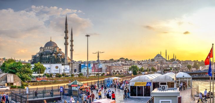 Istambul, Turkey – 07.12.2019. Many people on Eminonu square in Istambul on a sunny summer day