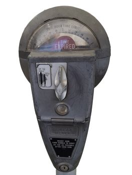 Retro parking meter with time isolated on white background.