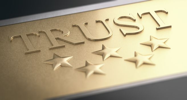 3D illustration of a the word trust and five stars over golden background