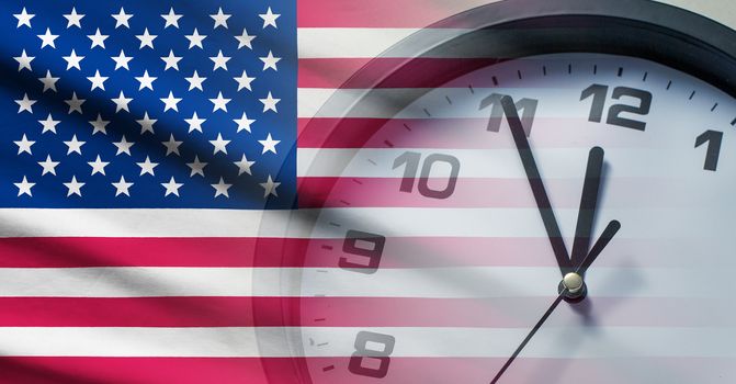 USA flag with dial of a clock counting down to twelve noon or midnight in a concept of crisis, deadlines or new year,