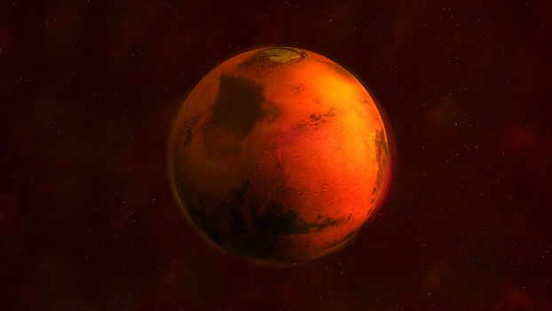 Realistic Mars from space showing Arabia Terra. The planet is half illuminated by the sun.