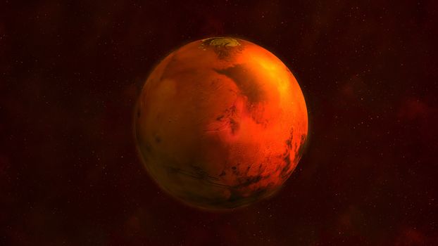 Realistic Mars from space showing Nilokeras Scopulus. The planet is half illuminated by the sun.