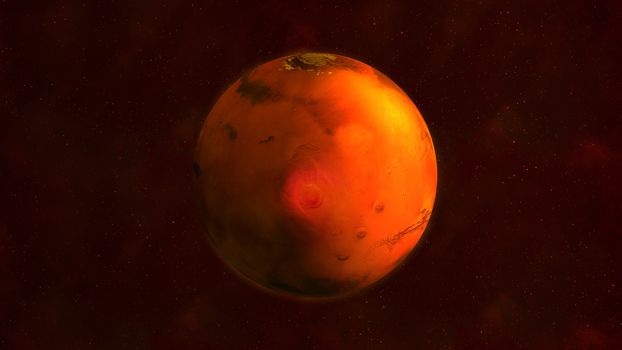 Realistic Mars from space showing Nix Olympica. The planet is half illuminated by the sun.