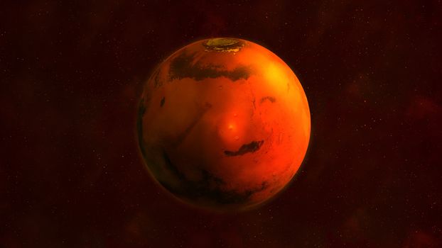 Realistic Mars from space showing Elysium Mons. The planet is half illuminated by the sun.