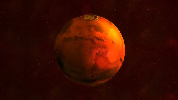 Realistic Mars from space showing Syrtis Major. The planet is half illuminated by the sun.
