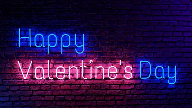 Happy valentine's day letter in neon light shape, pink and blue, on brick wall. 3D illustration.