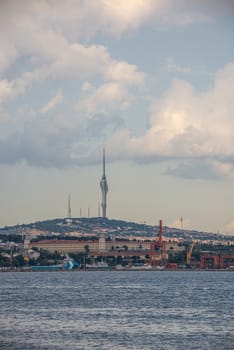 Istambul, Turkey – 07.12.2019. View of the Bosphorus Strait with a Camlica Tower in the background on a cloudy summer day