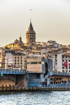 Istambul, Turkey – 07.12.2019. Panoramic view of Galata Bridge and Galata Tower in istanbul on a sunny summer evening