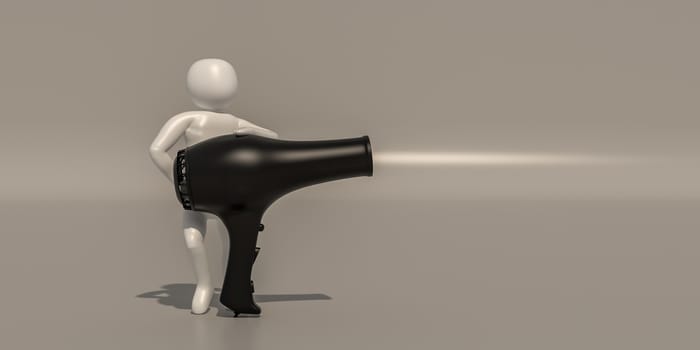 3d illustrator, 3d rendering of the White character and hair dryer.