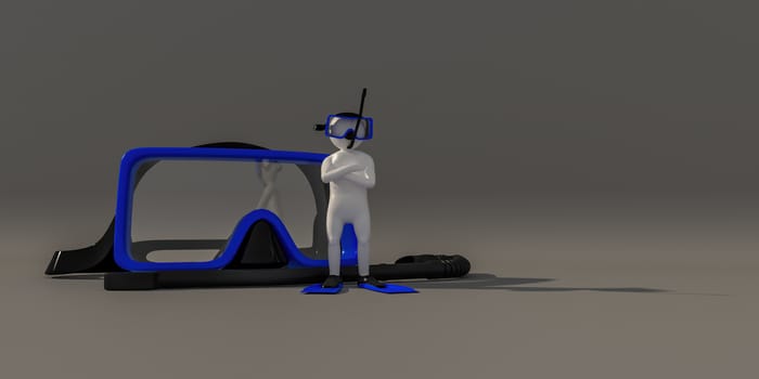 3d illustrator, 3d rendering of the white characters and diving equipment.