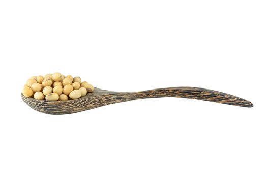 Soybean on wooden spoon isolated on white background with clipping path.
