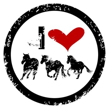 I LOVE HORSES rubber stamp with heart and three horses silhouettes