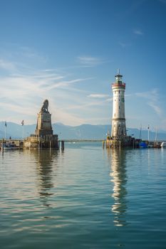 Harbour entrance of Lindau, Lake Constance - Bodensee - with the new lighthouse and the Bavarian Lion. The Lindau lighthouse is the southernmost lighthouse in Germany, in Lindau on Lake Constance