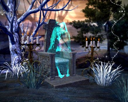 Halloween scary witch ghost sitting in a stone chair holding a glass sphere with haunted forest landscape