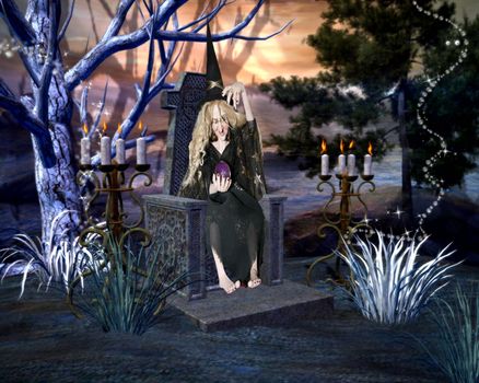 Halloween witch holding a glass sphere sitting in a stone chair seat in a horror forest scenery