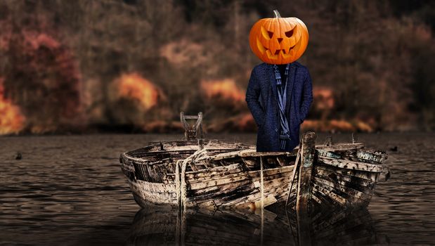 Halloween scary pumpkin headed ghost person on a boat floating