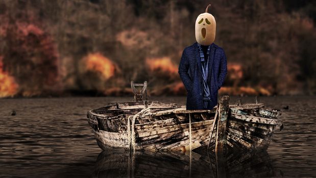 Halloween frightening pumpkin head ghost on a vessel floating in a scary landscape