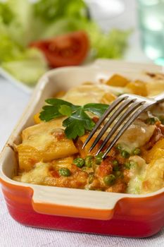 rigatoni alla emiliana in a casserole